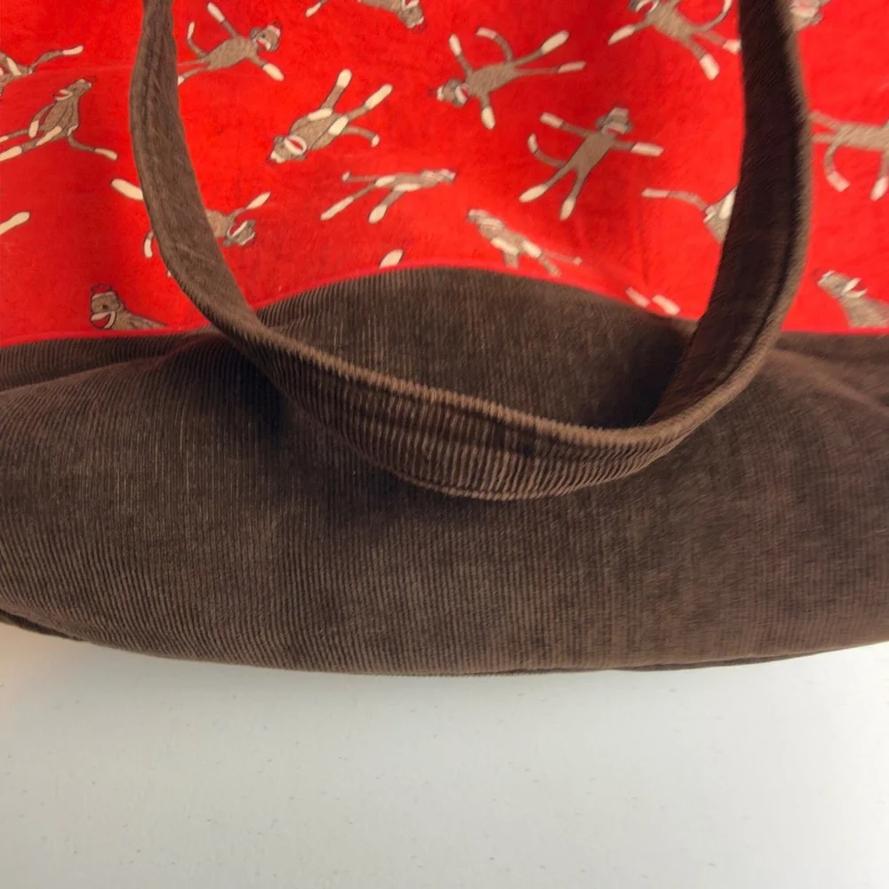 Handmade Sock Monkey Tote Bag, Red Brown Corduroy Bottom,‎ Organizer, Cute